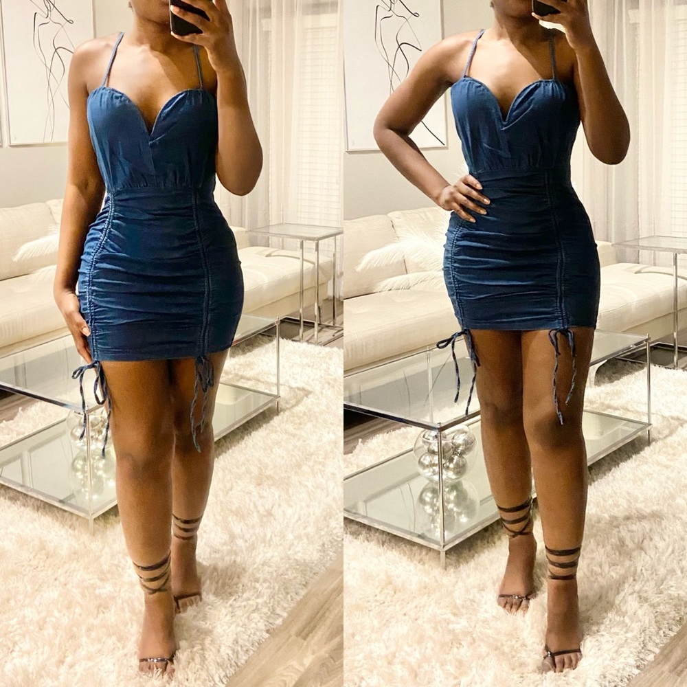 Denim Ruched Detail Mini Dress